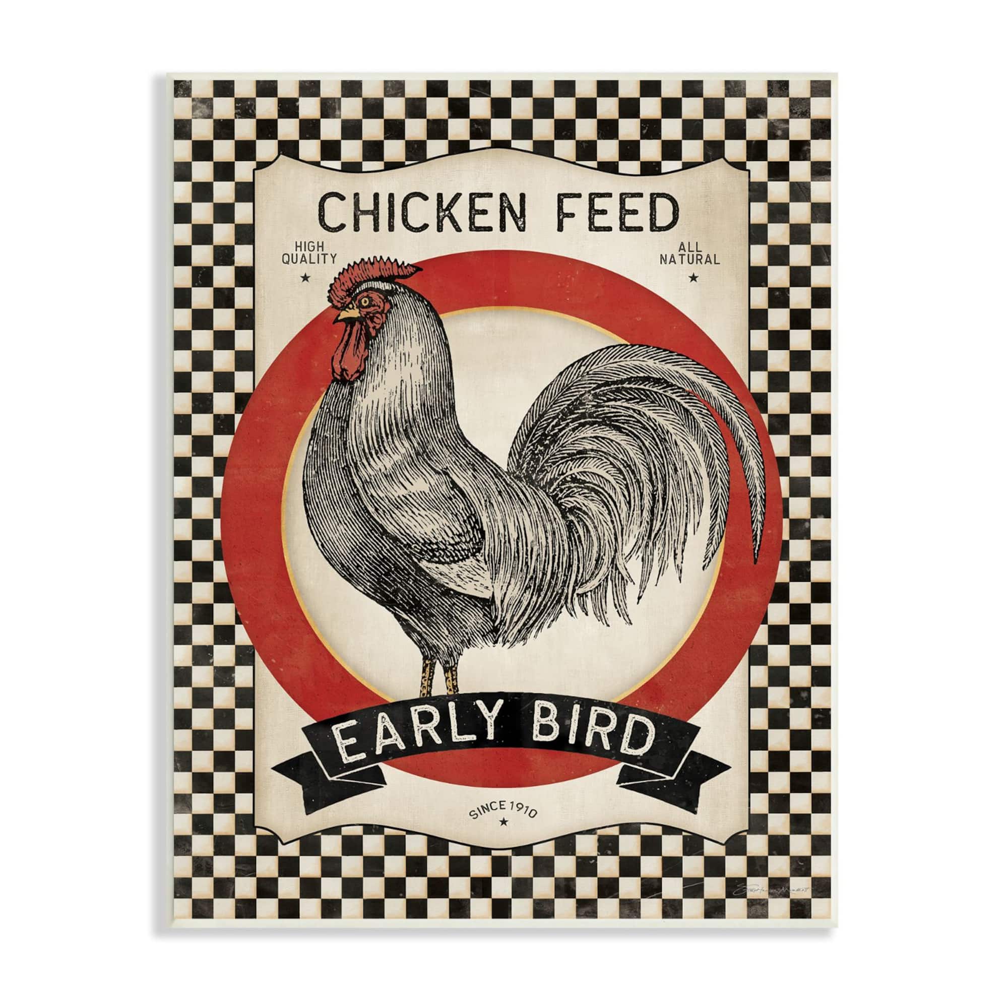 Stupell Industries Vintage Farmhouse Chicken Feed Advertisement Rooster Checkered Pattern Wall Plaque
